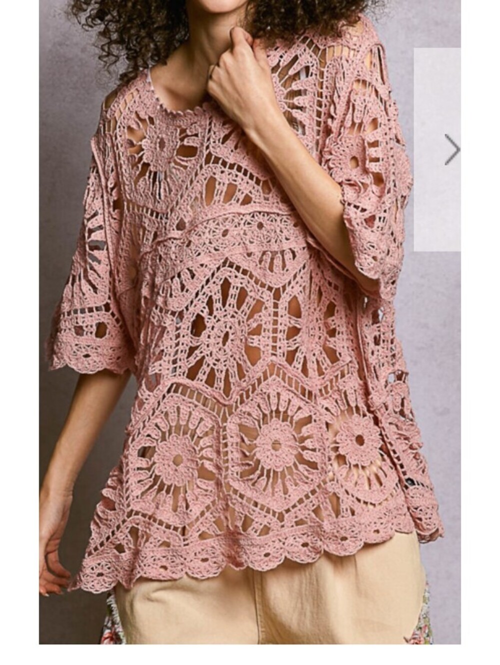 POL Openweave Crochet Short Sleeve Lace Top Scalloped Relaxed One Size Rose